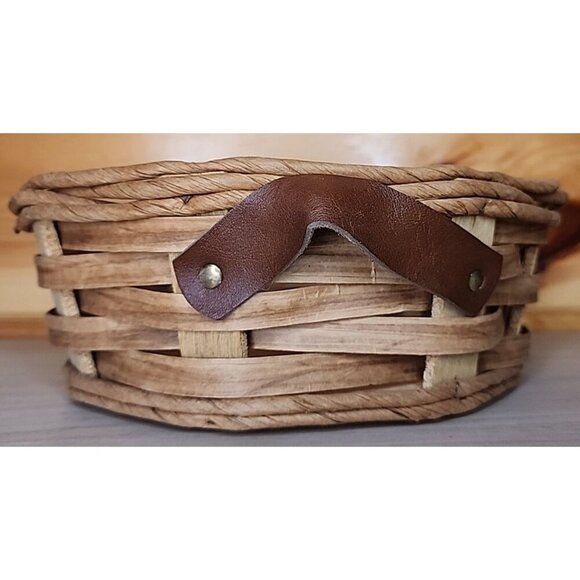 Vintage Pyrex Casserole Dish Holder Wicker Round Basket Leather Handles - Picture 7 of 9